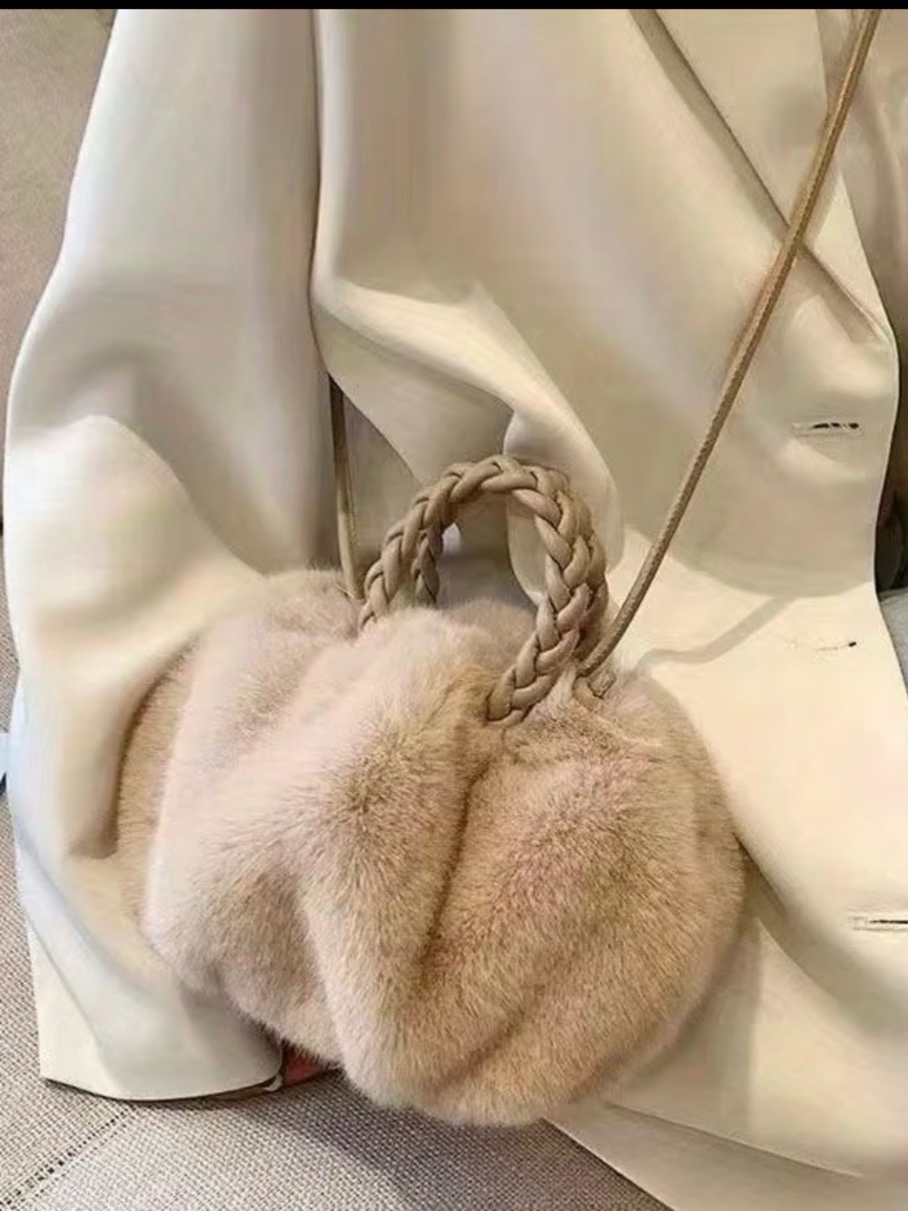 Plush Braided Handle Faux Fur pumpkin Bag in Beige